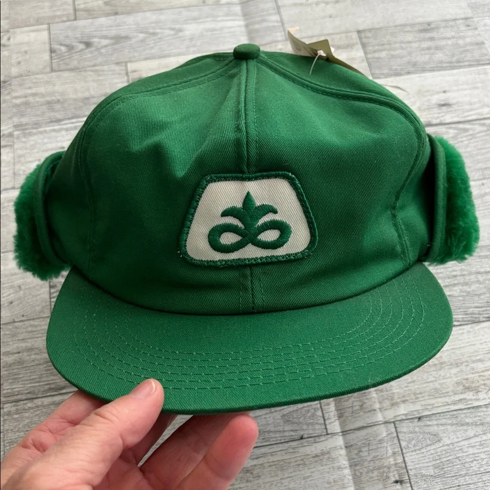 Vintage Pioneer Cap Green Seed Corn Hat Fur lined‎ Ear Flaps NWT RARE USA Farm